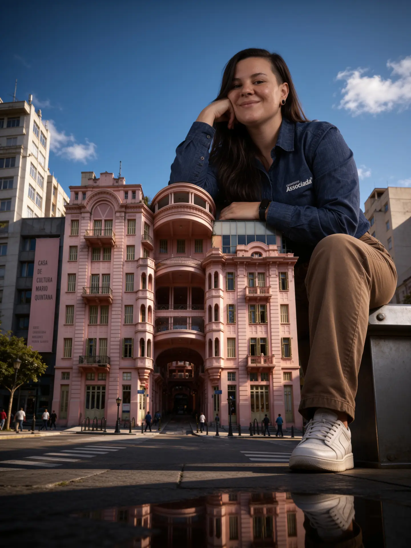 Bianca Campello sentada em frente à Casa de Cultura Mario Quintana, em Porto Alegre